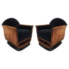 Pair of Armchairs in Walnut and Grey Velvet Original Italian, 1930s