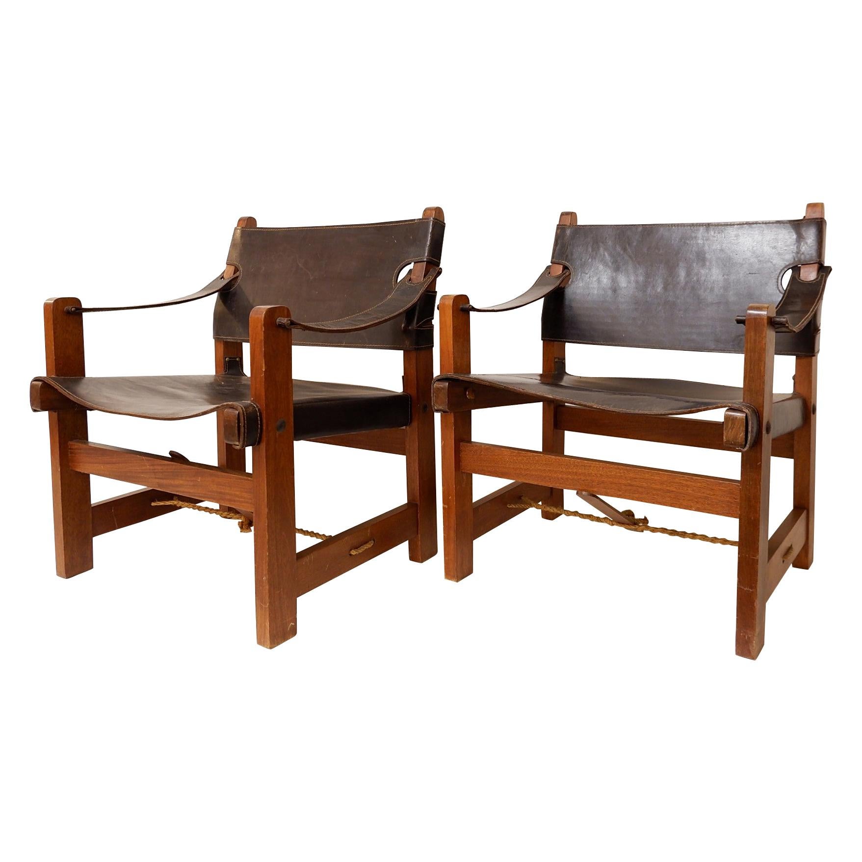 Pair of Armchairs in Wood and Brown Leather