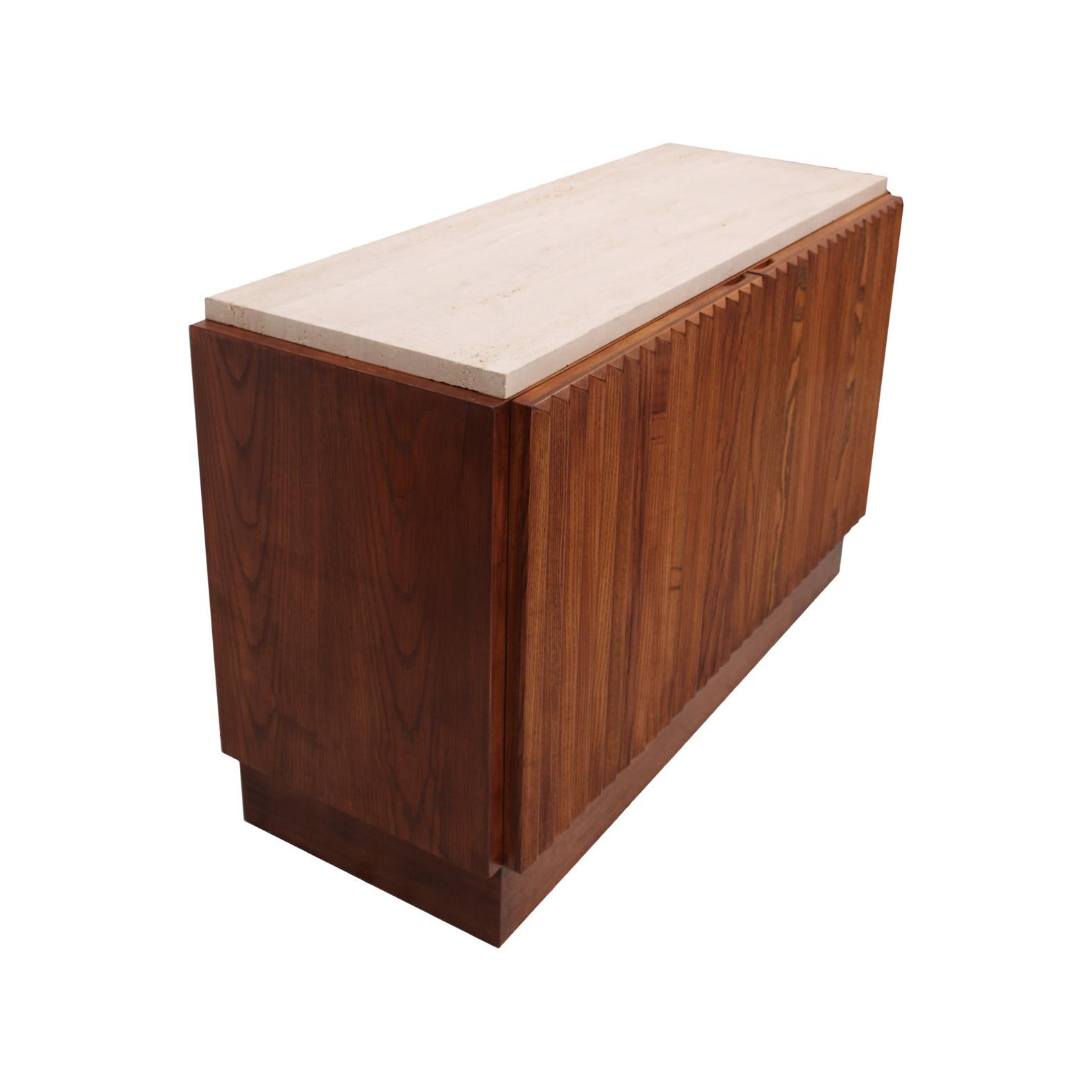 Contemporary Modern Pair of Sideboards in Wood and Travertine Marble Top For Sale 2