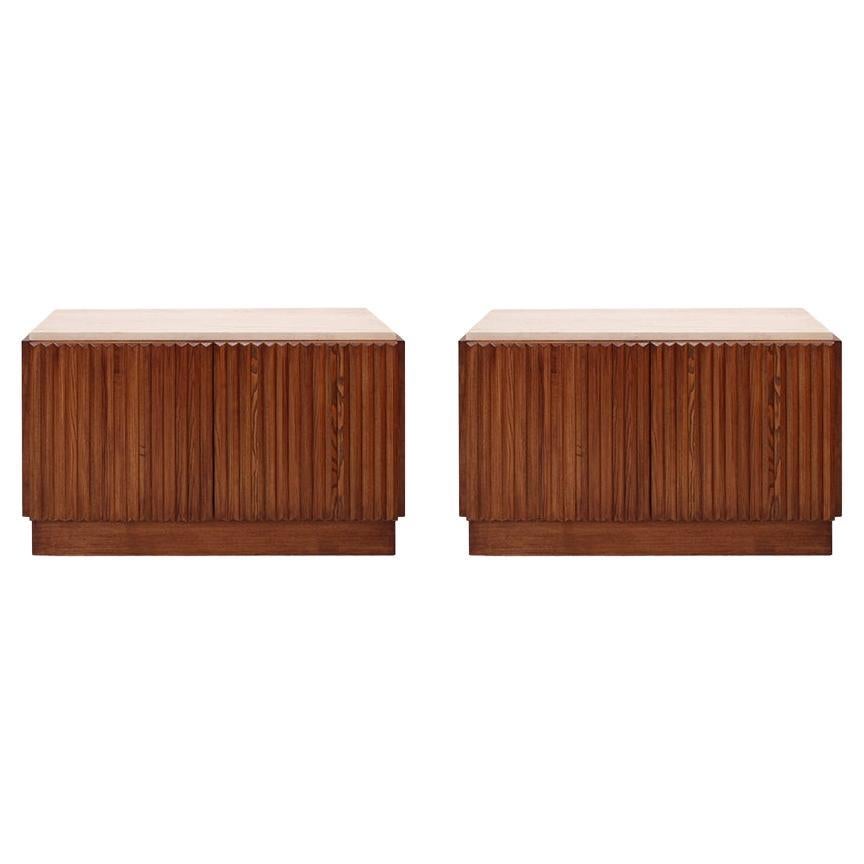 Contemporary Modern Pair of Sideboards in Wood and Travertine Marble Top For Sale