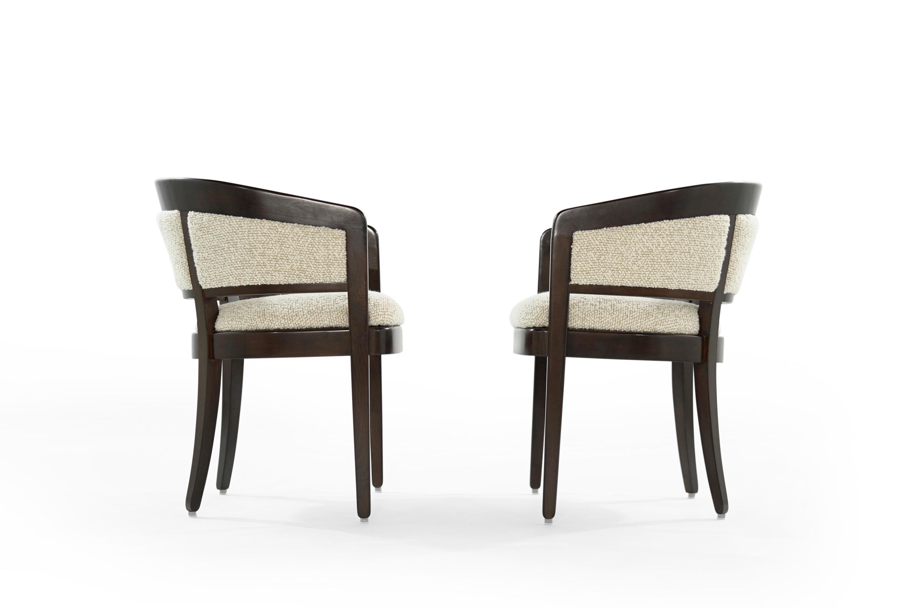 Pair of chairs designed by Edward Wormley and manufactured by Drexel, circa 1960s. Fully restored and refinished in espresso. Newly upholstered in a fantastic wool bouclé by Kravet.
