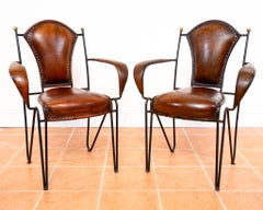 Pair of Armchairs Iron Leather Brass Artisan Jacques Adnet 1950s French MCM