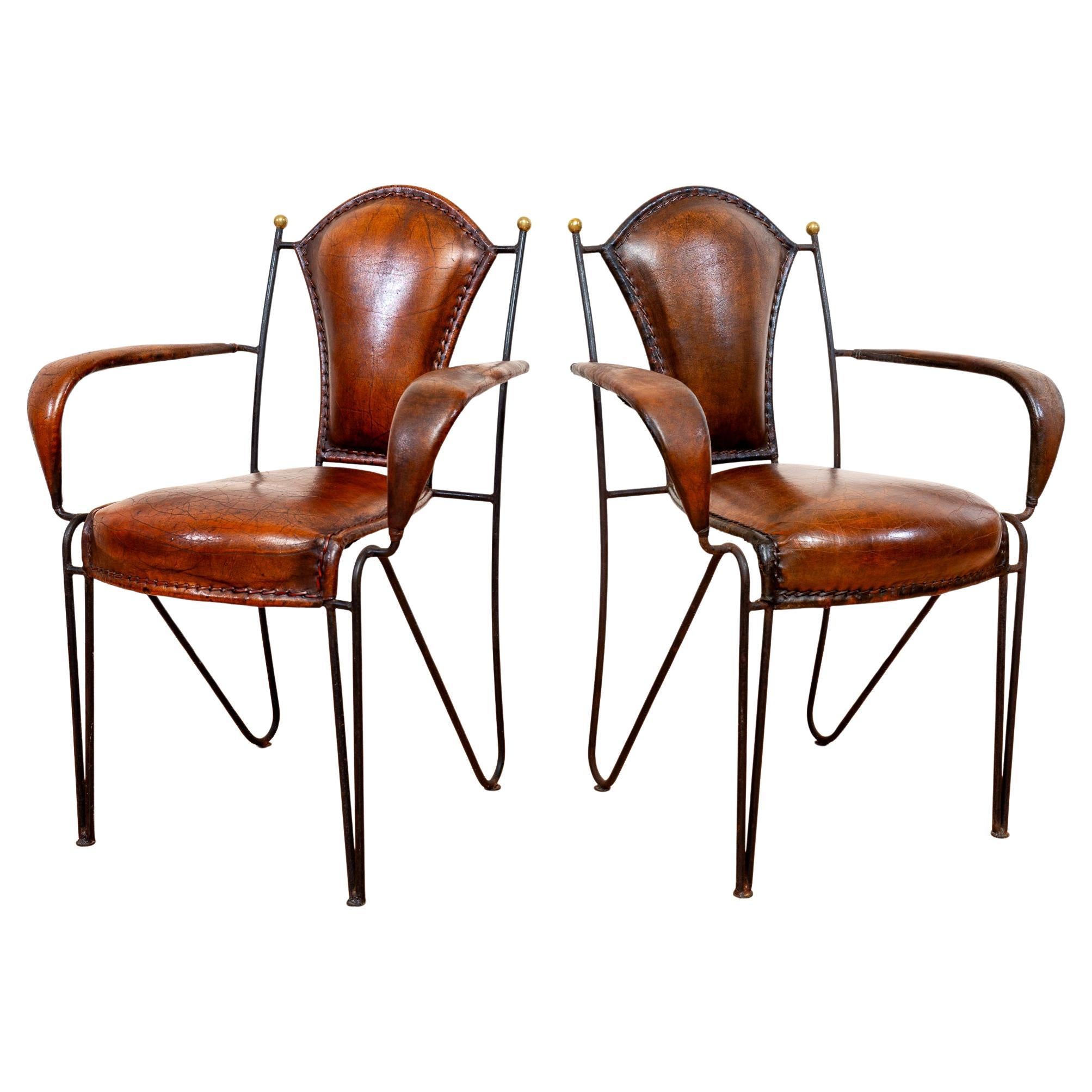 Pair of Armchairs Iron Leather Brass Artisan Jacques Adnet 1950s French MCM