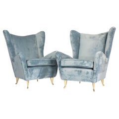 Vintage Pair of Armchairs ISA Bergamo in light blue velvet and original feet