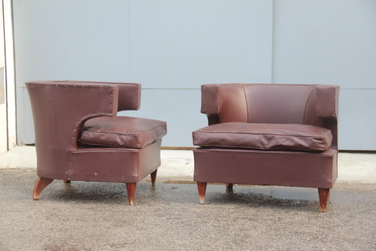 Mid-20th Century Pair of Lajos Kozma Art Deco Brown Faux Leather Hungarian Armchairs 1930s  For Sale