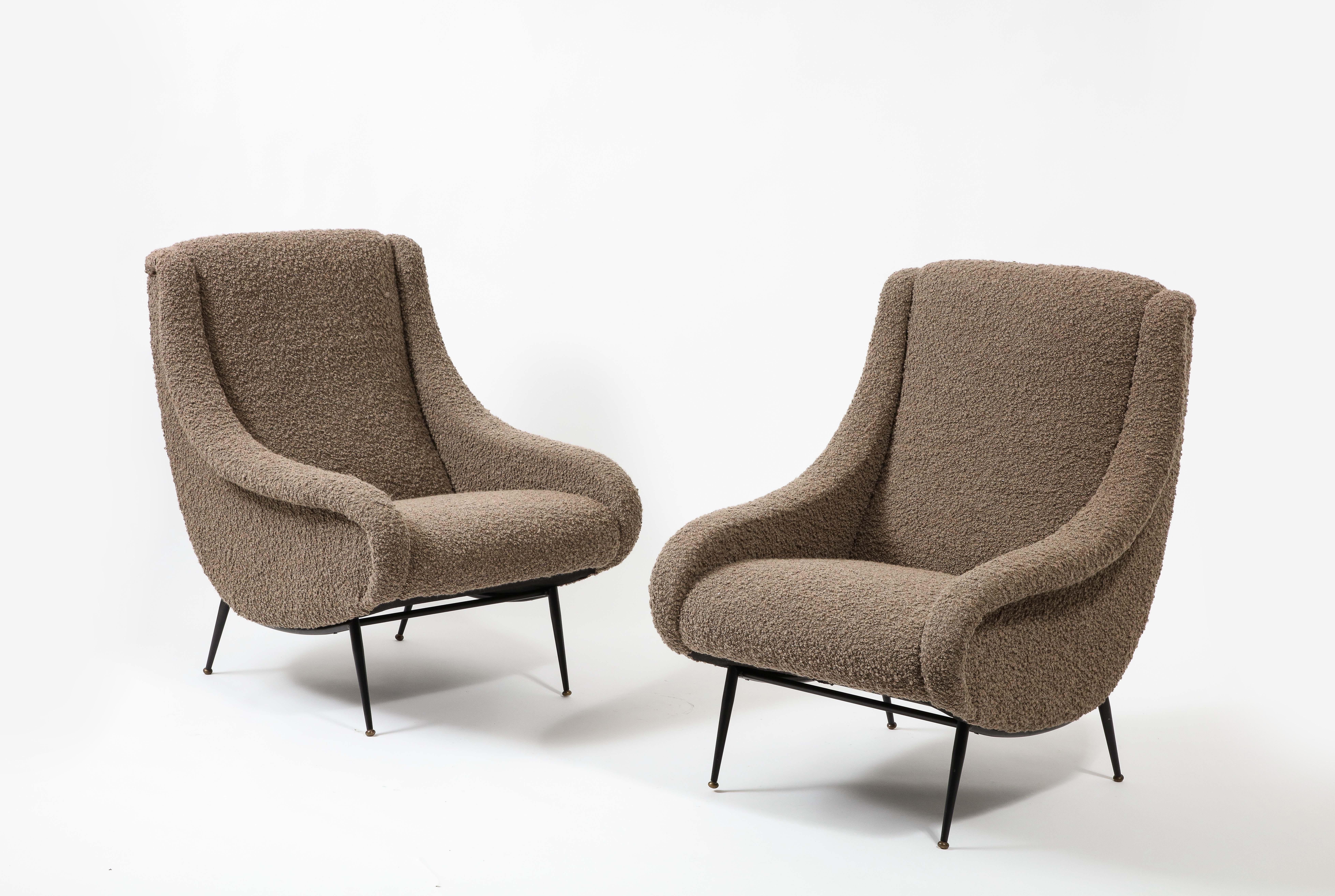 Italian Pair of Zanuso Style Armchairs in Boucle, Italy 1960's For Sale