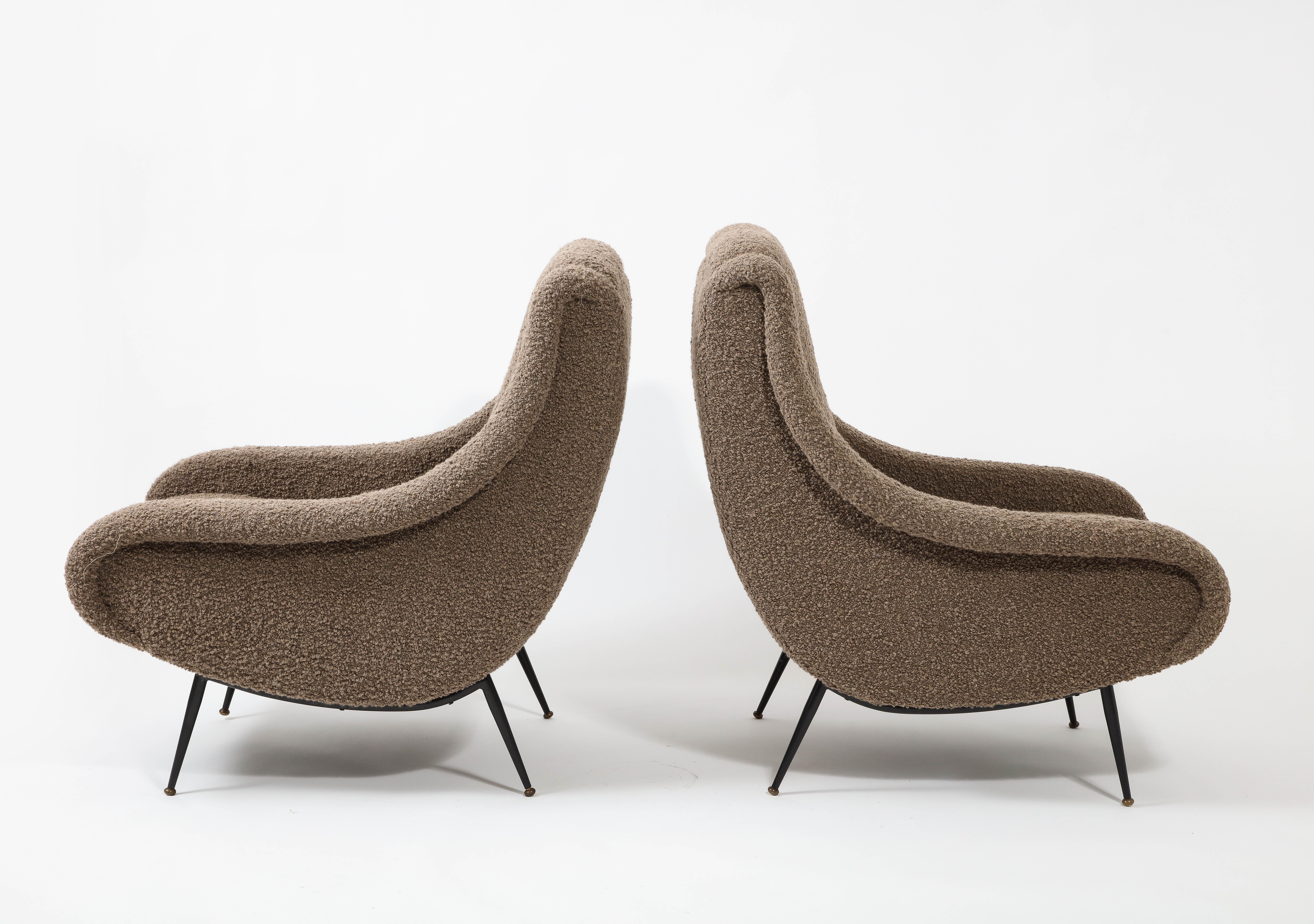 Pair of Zanuso Style Armchairs in Boucle, Italy 1960's In Good Condition For Sale In New York, NY