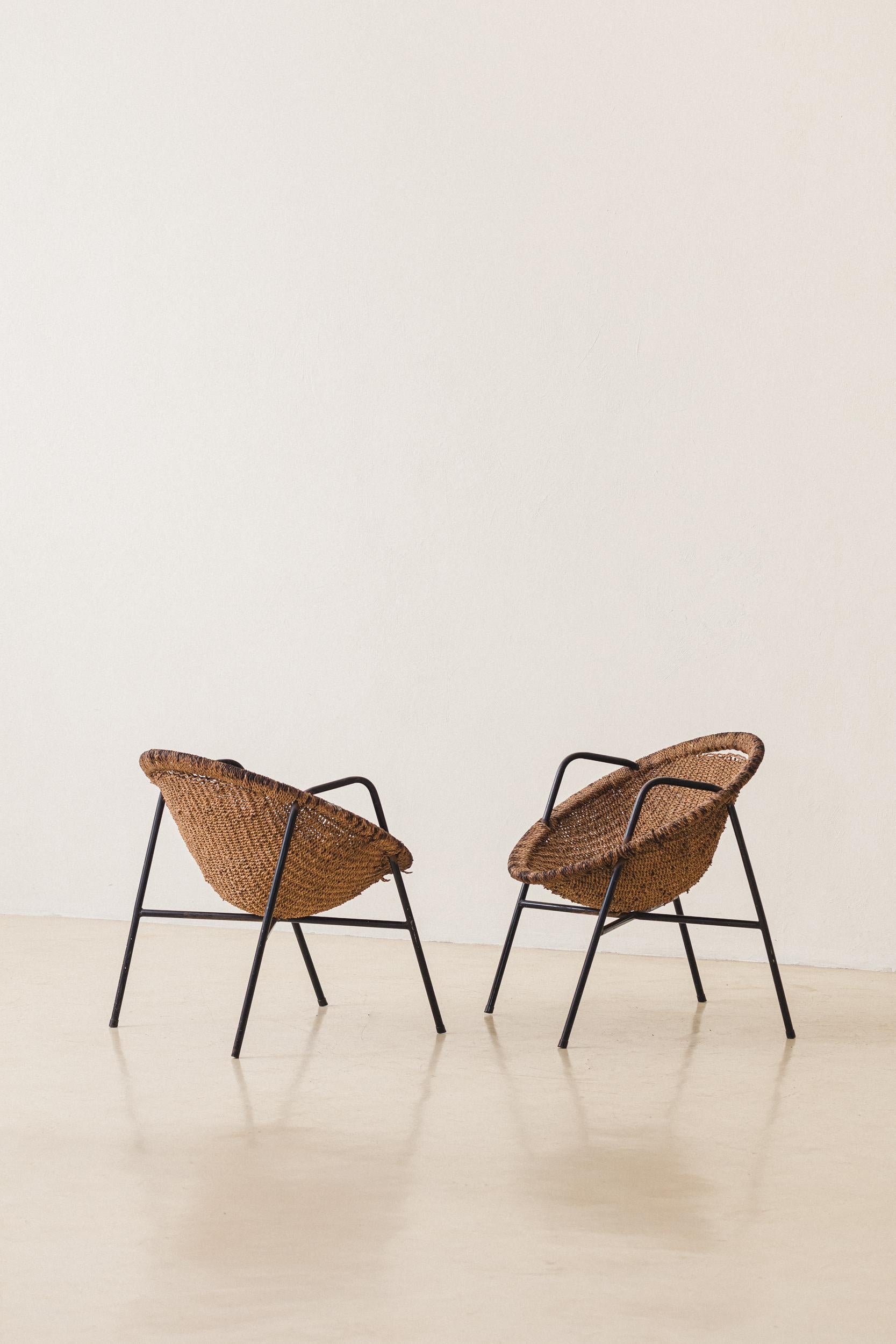 Mid-Century Modern Paire de fauteuils, jute et fer, Unknown en vente
