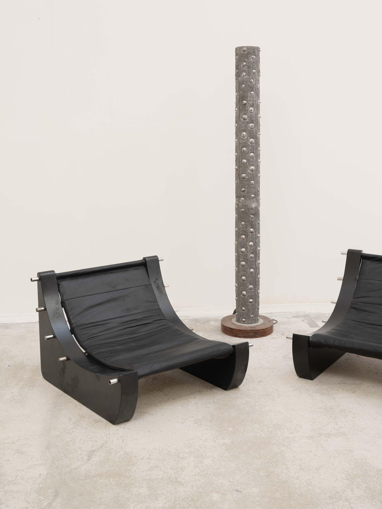 French Pair of Armchairs Lacquered Wood, Chromed Metal Black Leather Mid-Century modern For Sale