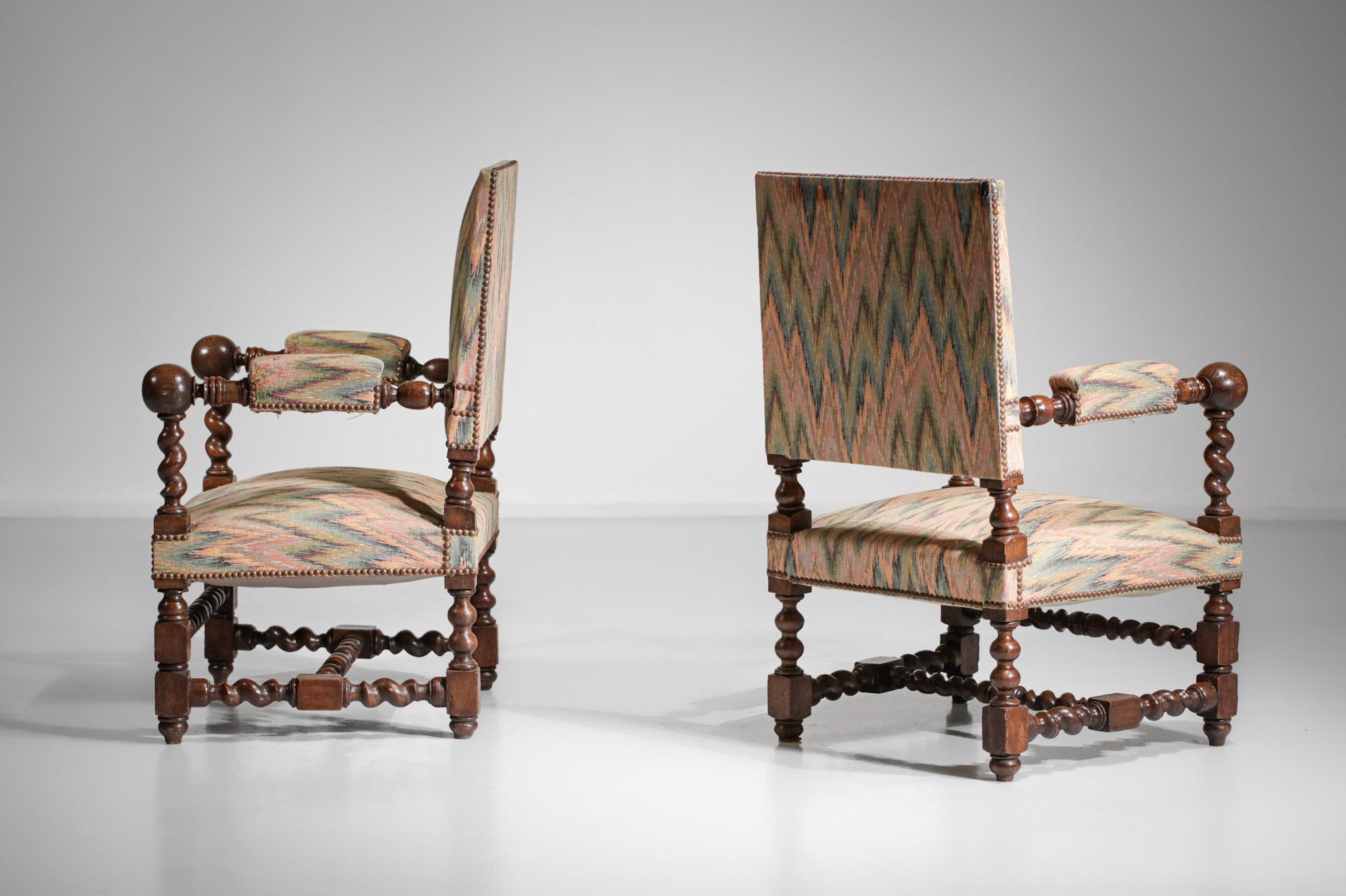 French Pair of Armchairs Louis XIII Style Solid Oak from the 1960s