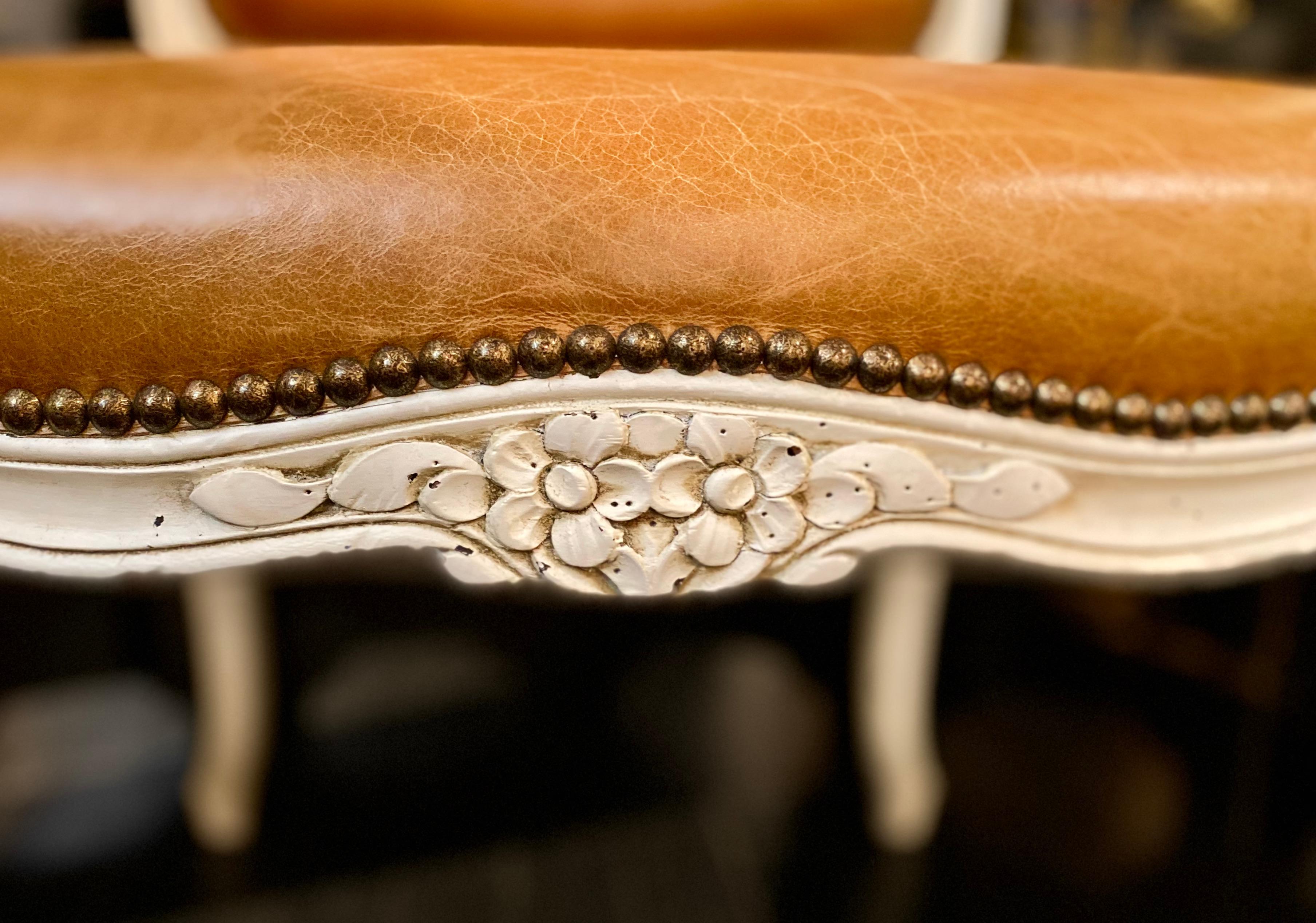 Pair of Armchairs, Louis XV Montespan Style, Soft Caramel/Tan Leather For Sale 4