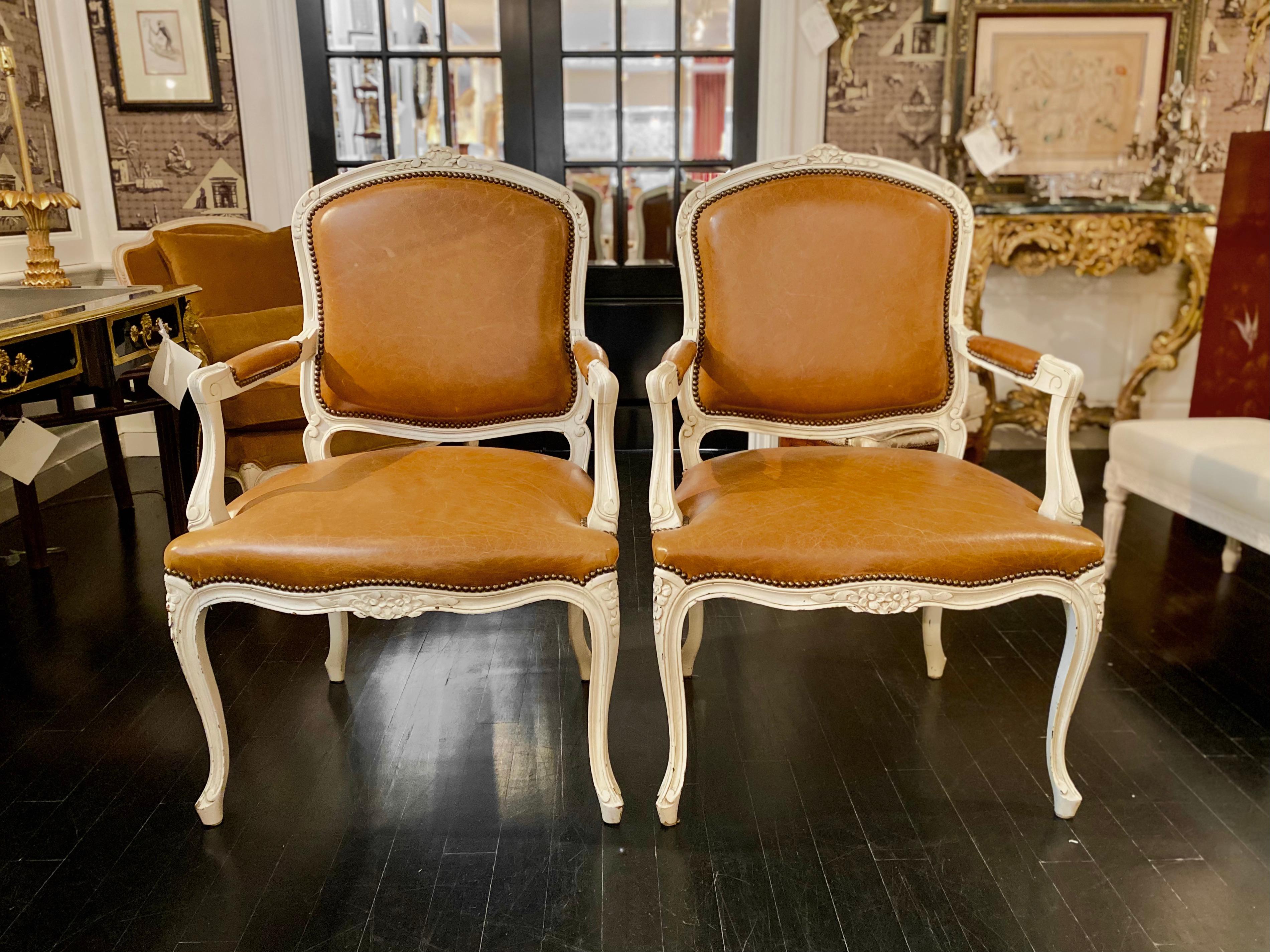 Pair of Armchairs, Louis XV Montespan Style, Soft Caramel/Tan Leather For Sale 5