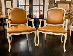 Pair of Armchairs, Louis XV Montespan Style, Soft Caramel/Tan Leather