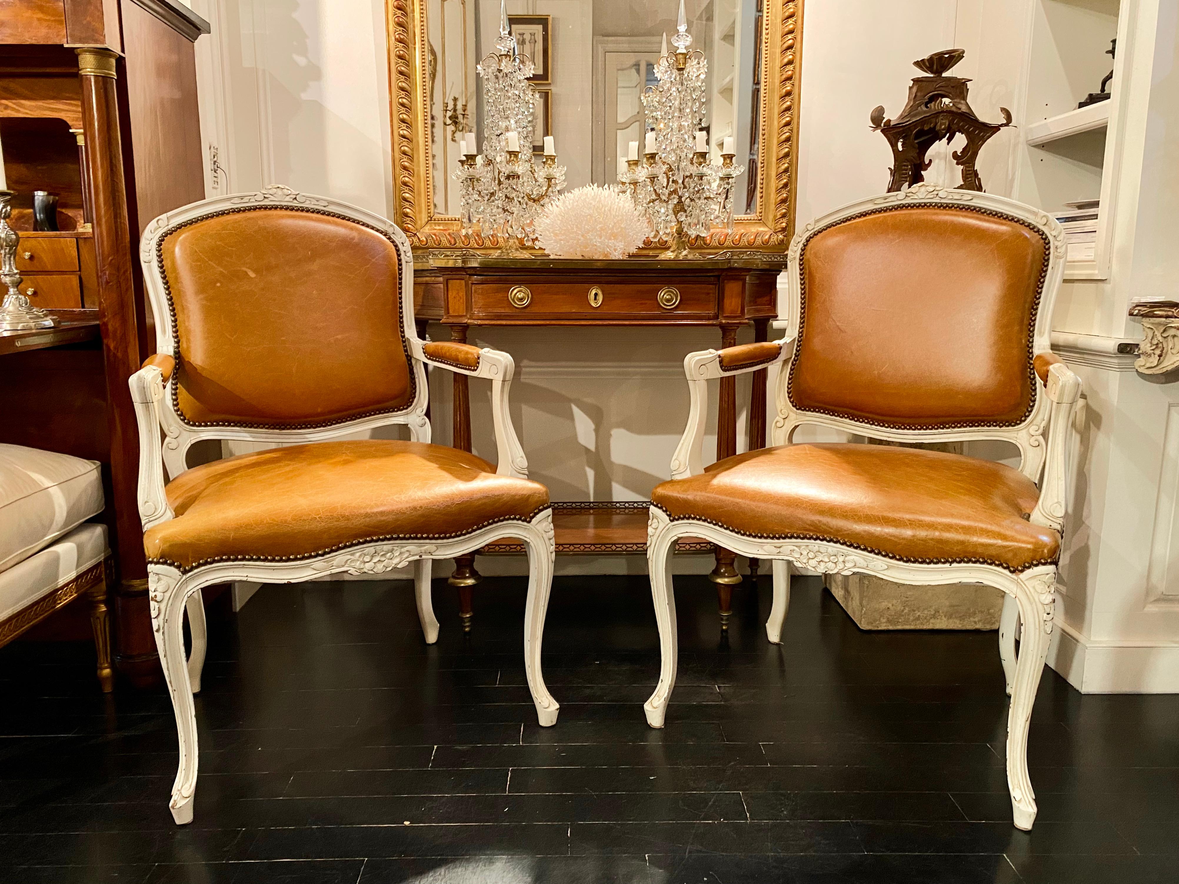 Pair of Armchairs, Louis XV Montespan Style, Soft Caramel/Tan Leather For Sale 13