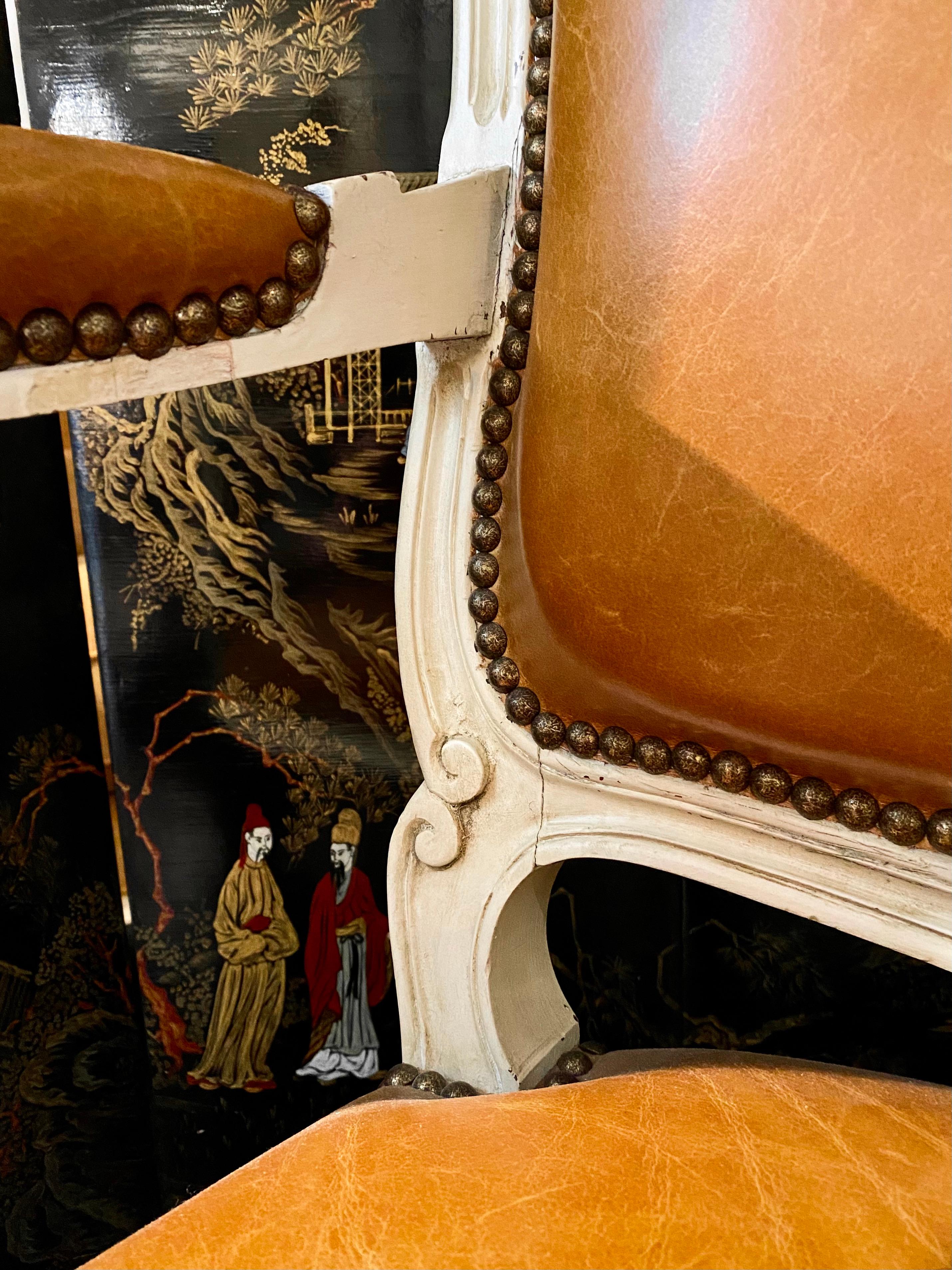 Pair of Armchairs, Louis XV Montespan Style, Soft Caramel/Tan Leather In Excellent Condition For Sale In Montreal, Quebec