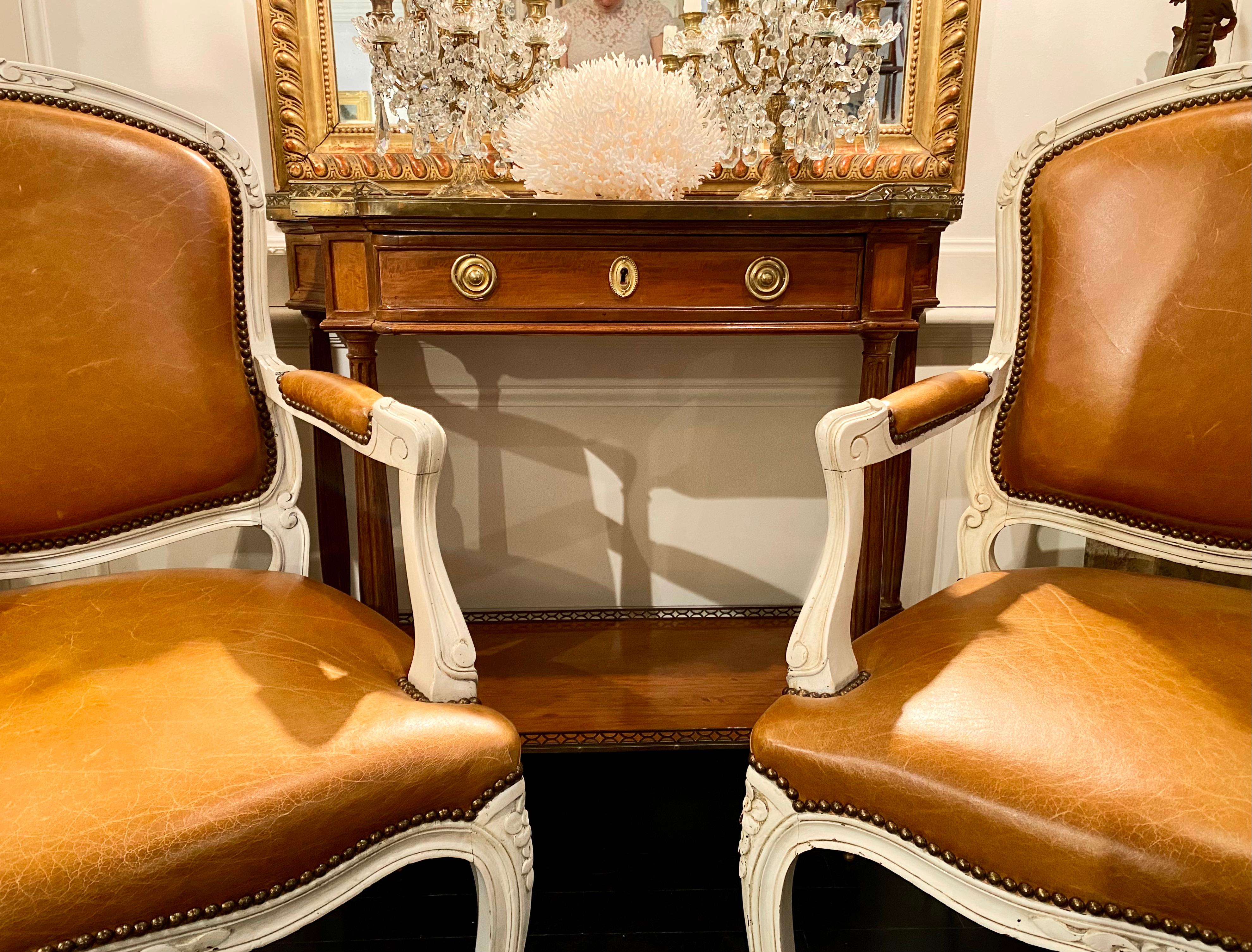 Pair of Armchairs, Louis XV Montespan Style, Soft Caramel/Tan Leather For Sale 1