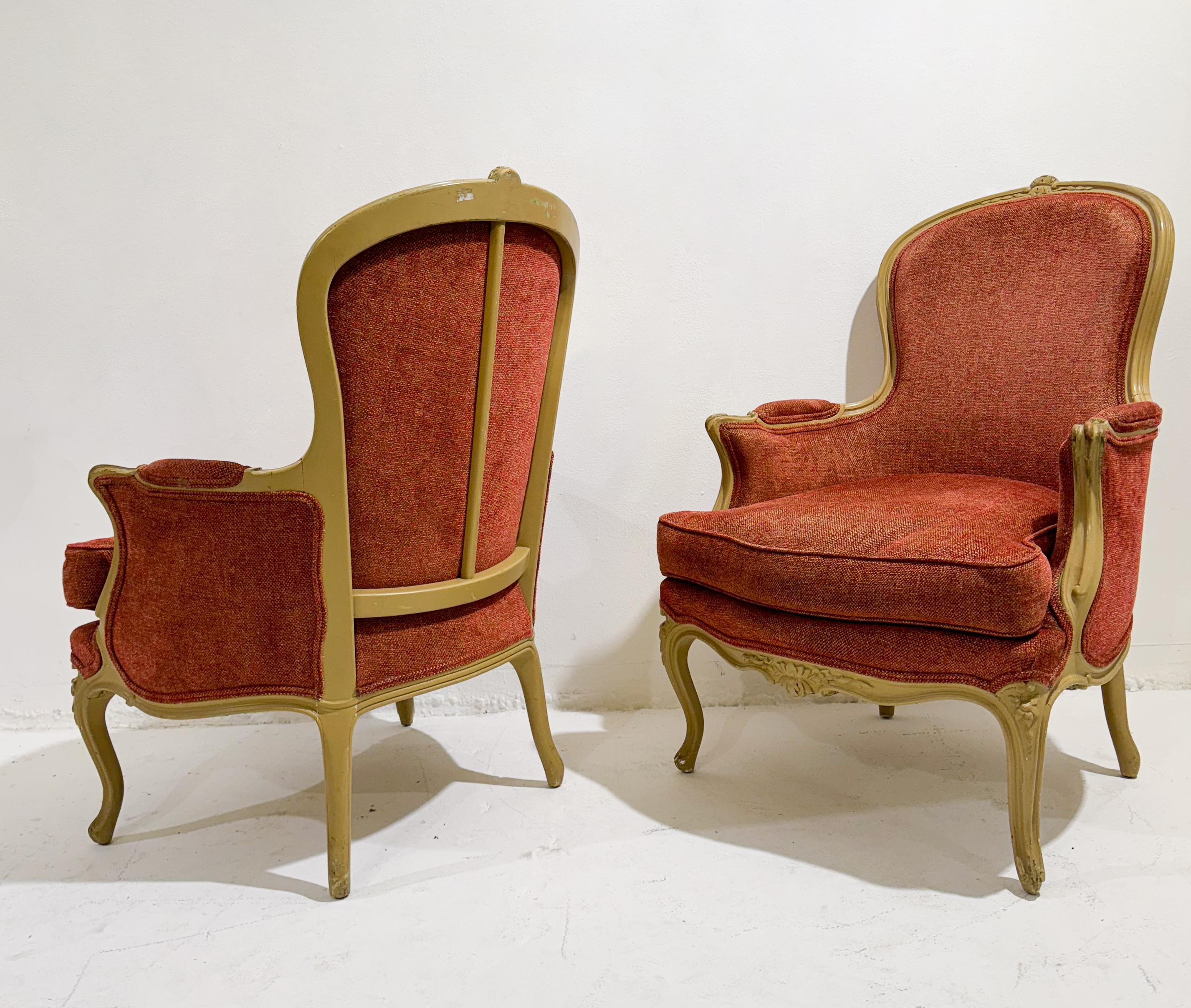 Pair of Armchairs Louis XV Style, Red Upholstery In Good Condition For Sale In Brussels, BE