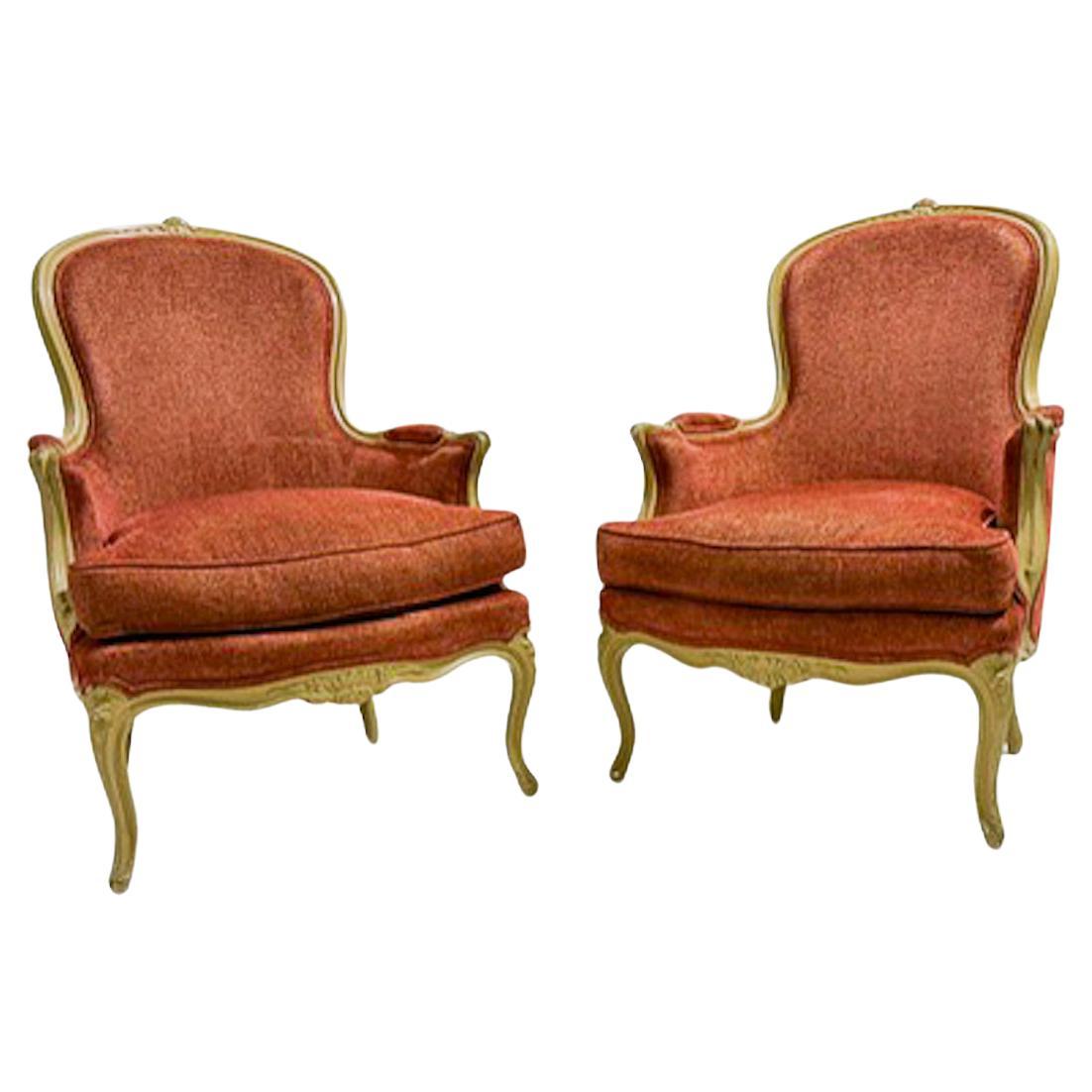 Pair of Armchairs Louis XV Style, Red Upholstery For Sale