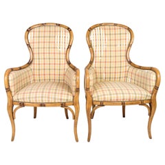 Pair Of Armchairs Made In Checkered Light Fabric & Wood From 1920s
