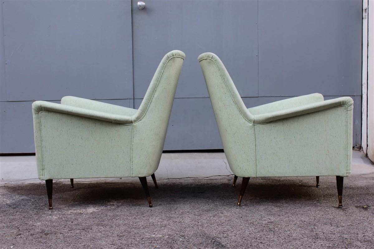 Paire de fauteuils Design italien du milieu du siècle Pieds en bois Laiton Vert Gio Ponti en vente 6