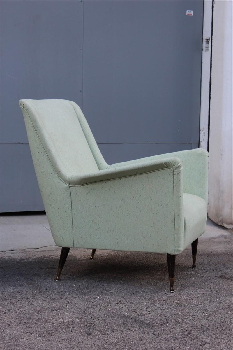 Pair of armchairs midcentury Italian design wood feet brass green Gio Ponti style.
