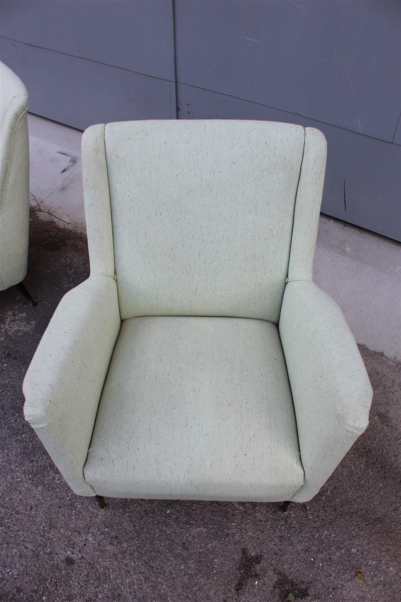 Pair of Armchairs Midcentury Italian Design Wood Feet Brass Green Gio Ponti For Sale 2