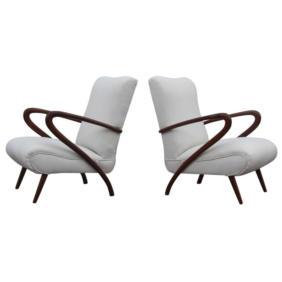 Pair Of Armchairs Mid-Century Modern Wood Fabric 1950 Italian Design 
