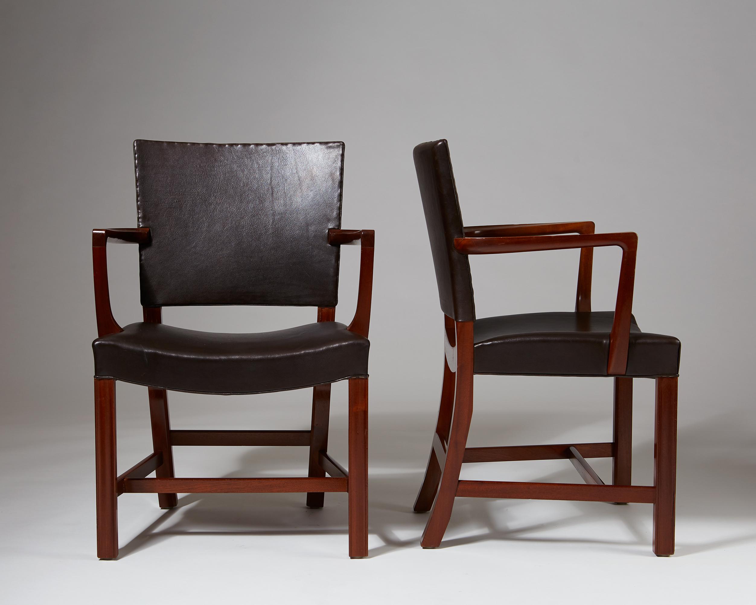 Pair of armchairs model 3758 A designed by Kaare Klint for Rud. Rasmussen, 
Denmark. 1927.

Mahogany and leather.

Model designed in 1927 for the Danish Museum of Decorative Art produced by Rud Rasmussen in the 1940s.

Kaare Klint was the father of