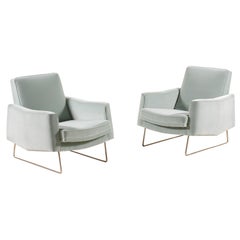 Louis Paolozzi White Faux Leather and Iron Lounge Chairs, Mid