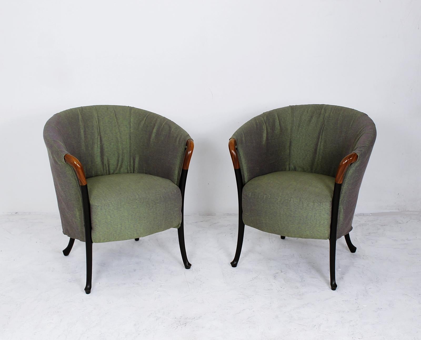 Umberto Asnago pair of armchairs model Progetti 63230, for Giorgetti. Designed 1987. Solid beech frame, painted black legs. Stained Pau ferro armrests. Non-deforming polyurethane seat and backrest, green/grey cloth covering, completely removable.