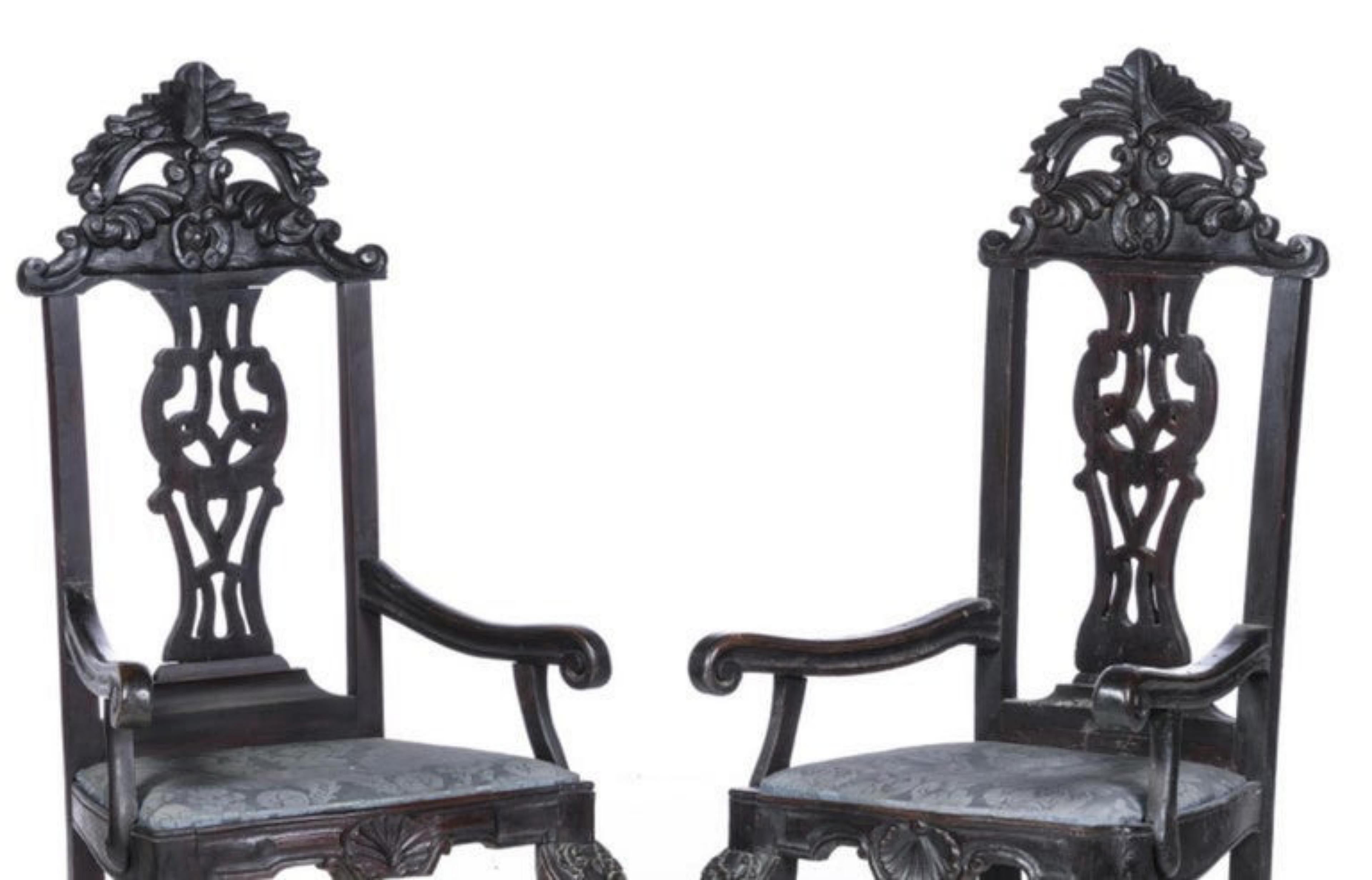 Baroque Pair of Armchairs Portuguese, 19th Century, in Carved Chestnut Wood For Sale