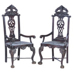 Pair of Armchairs Portuguese, 19th Century, in Carved Chestnut Wood