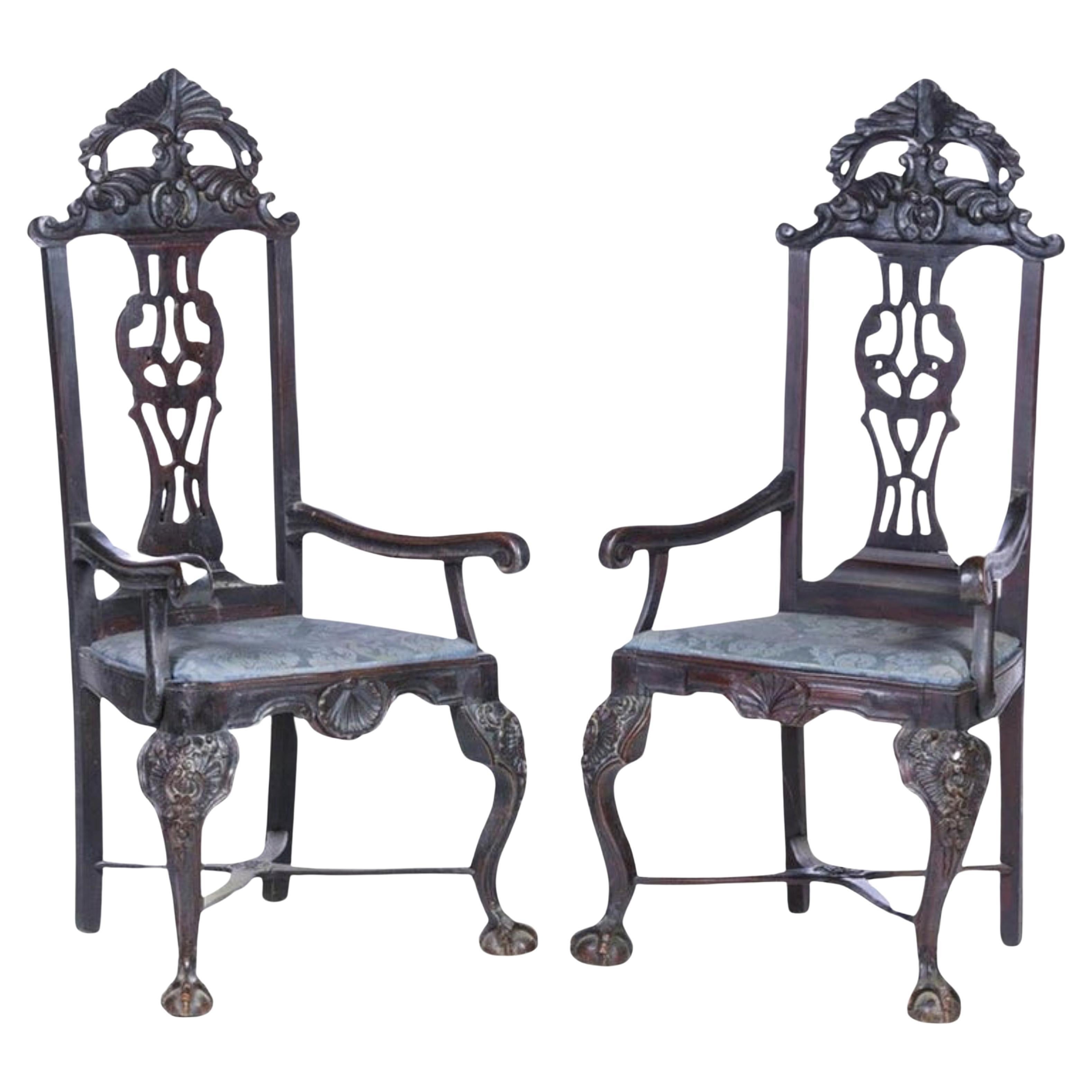 Pair of Armchairs Portuguese, 19th Century, in Carved Chestnut Wood