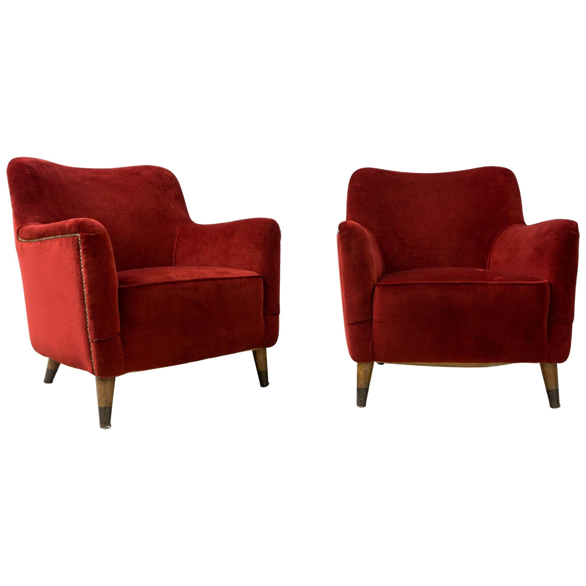 Pair of Armchairs, Red Velvet, by Gio Ponti, 1949