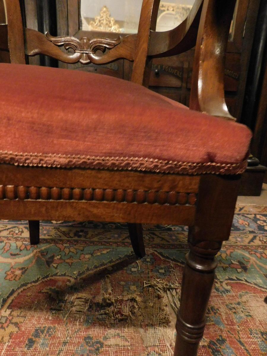 Pair of Armchairs, Seats in Walnut and Red Velvet, 19th Century Italy 5