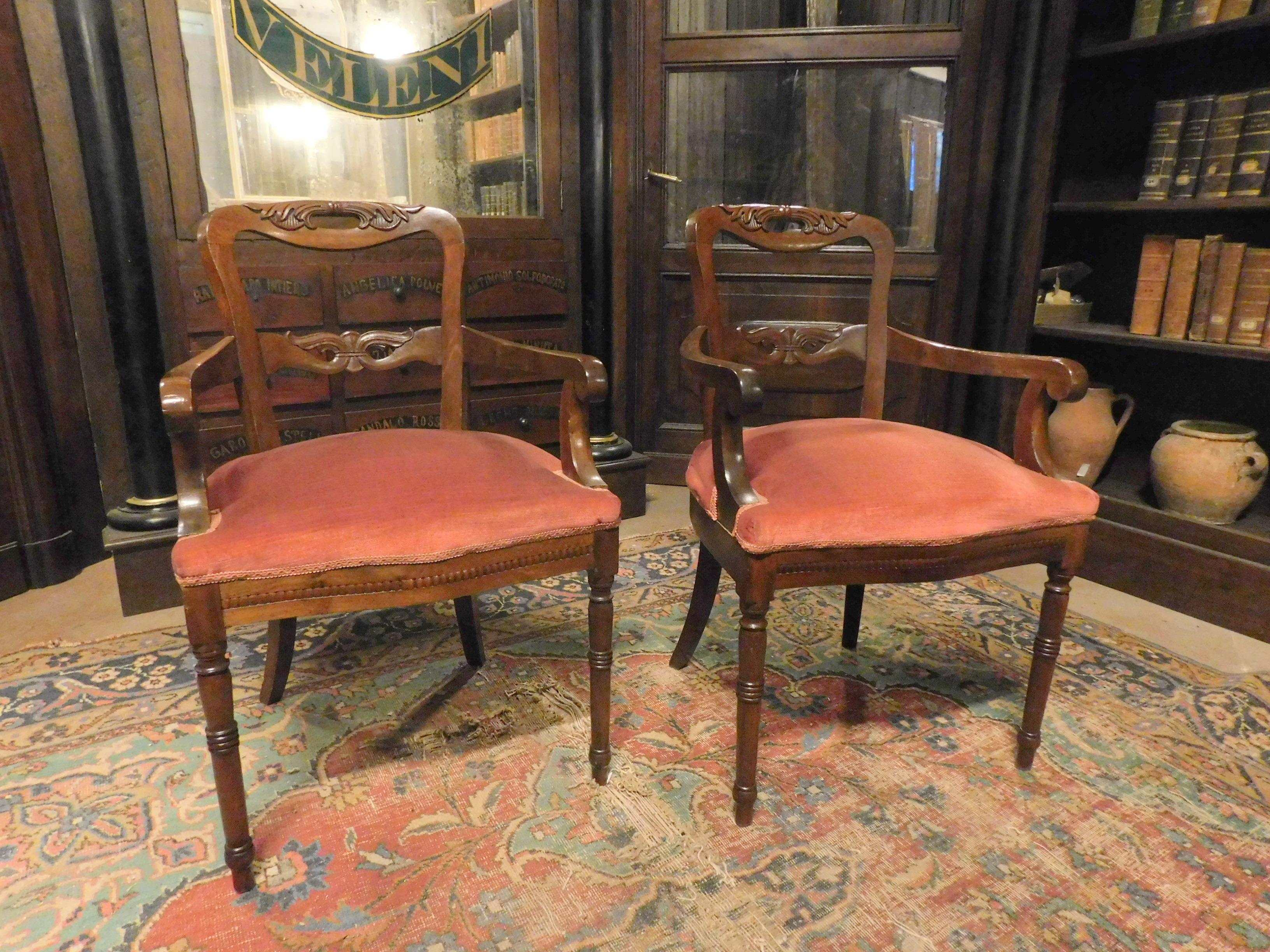 Pair of antique armchairs, chairs with carved walnut legs and red velvet padding, built in the 19th century for a residence in Turin, Italy.
They measure cm w 55 x h 85 (h seat cm 50) x d 50 each.