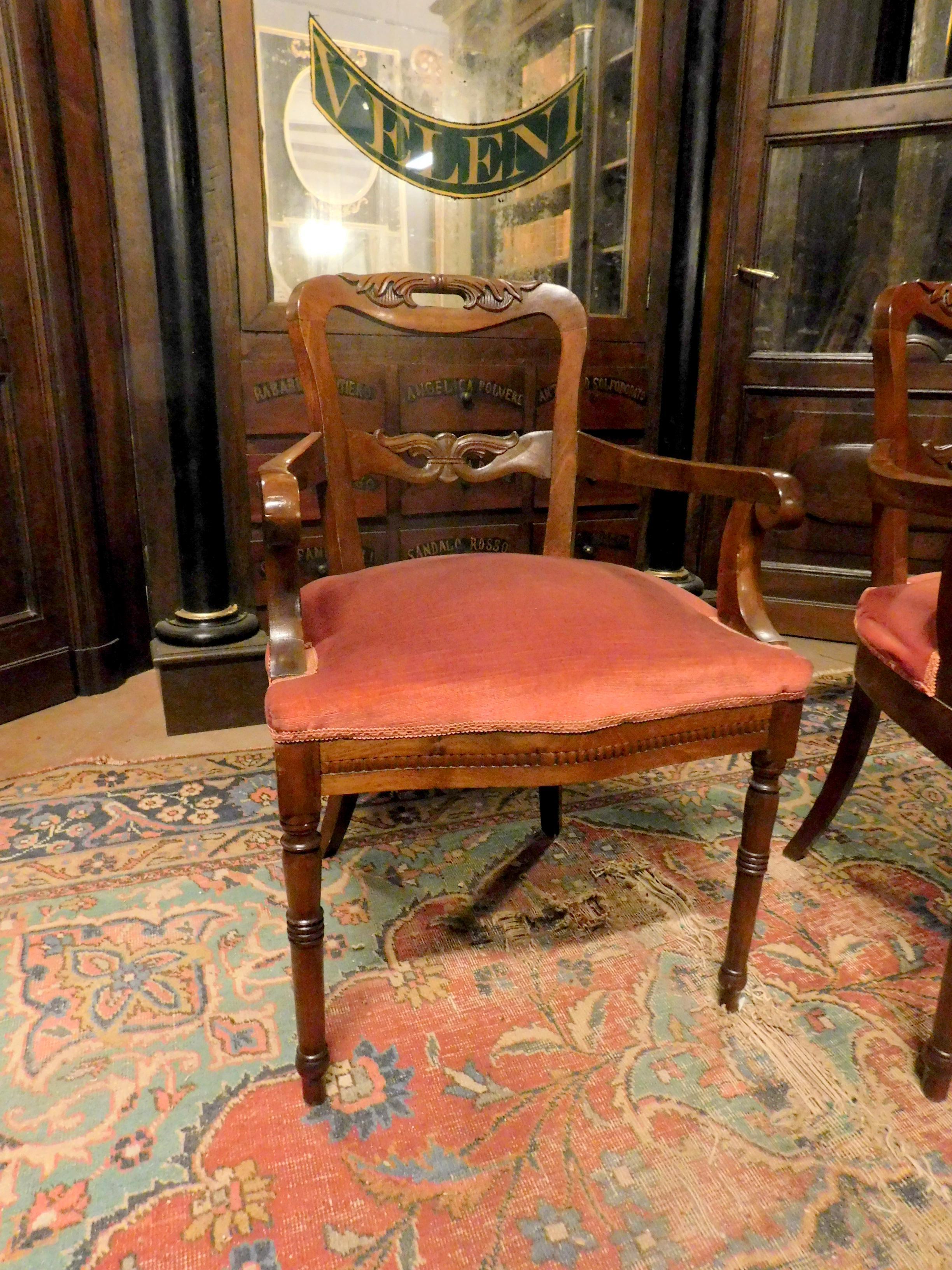 Italian Pair of Armchairs, Seats in Walnut and Red Velvet, 19th Century Italy