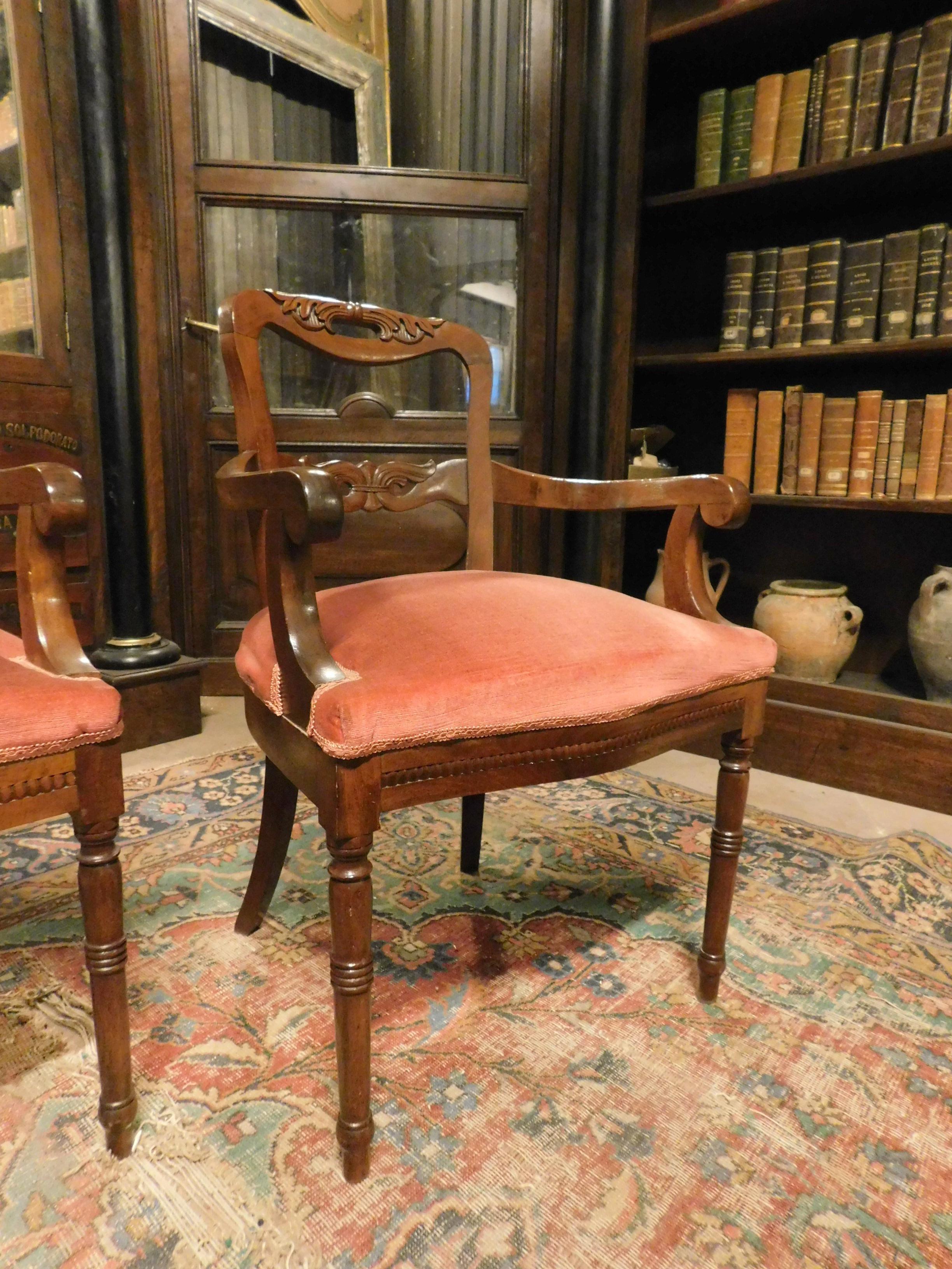 Hand-Crafted Pair of Armchairs, Seats in Walnut and Red Velvet, 19th Century Italy