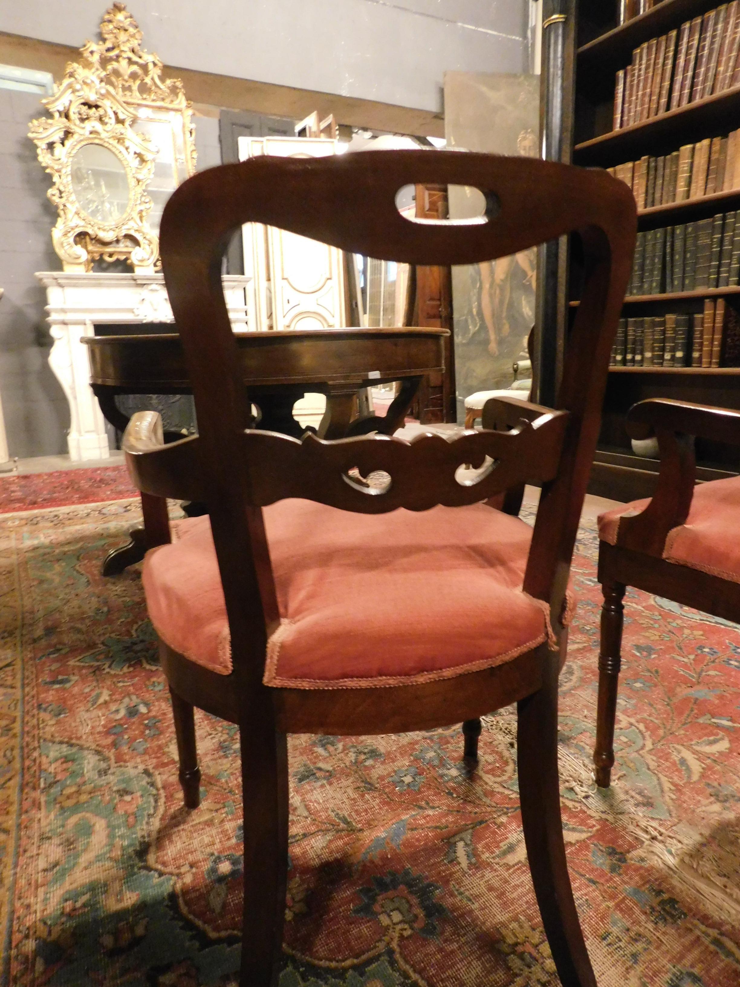 Pair of Armchairs, Seats in Walnut and Red Velvet, 19th Century Italy In Good Condition In Cuneo, Italy (CN)