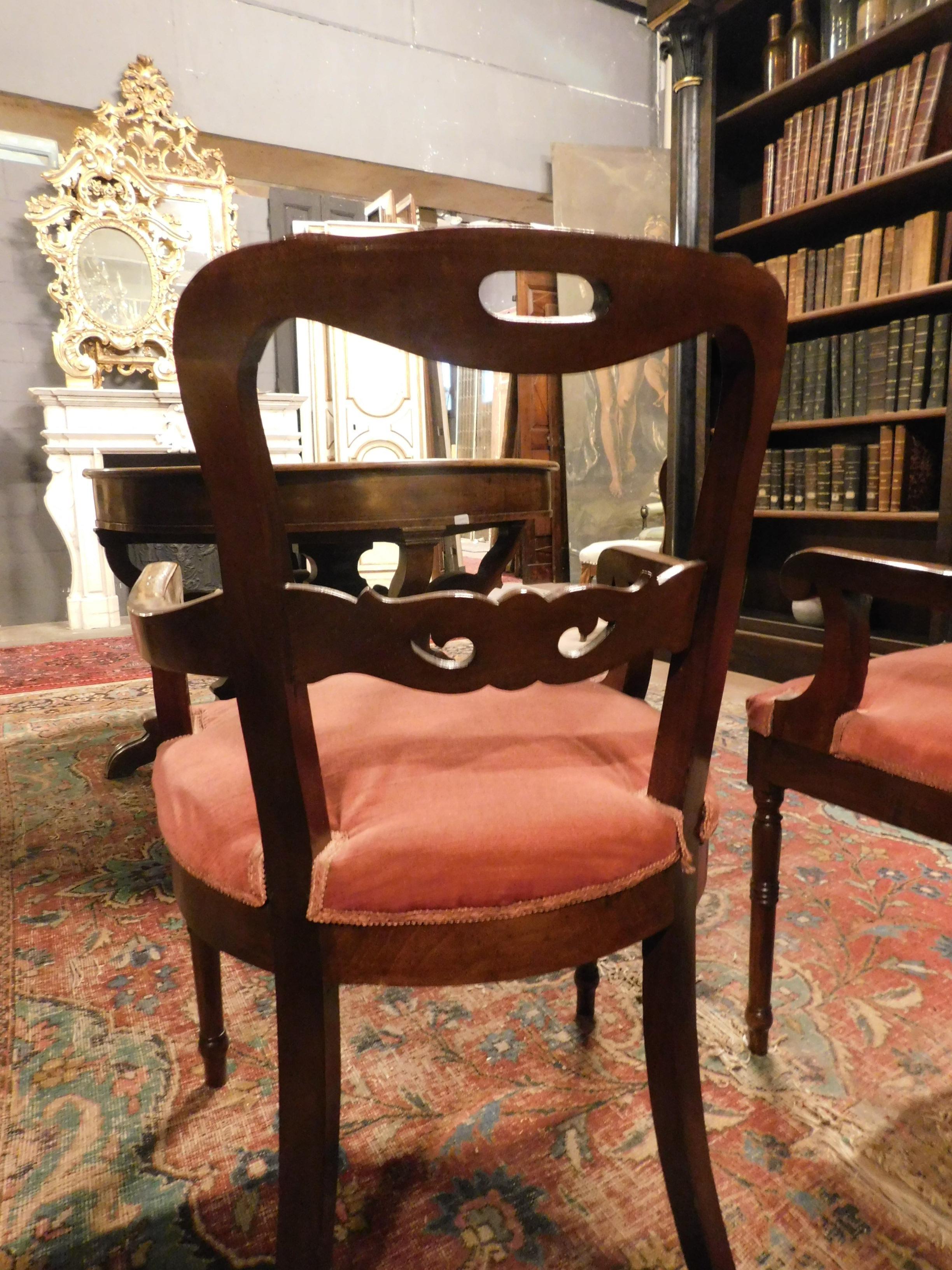 Pair of Armchairs, Seats in Walnut and Red Velvet, 19th Century Italy 1