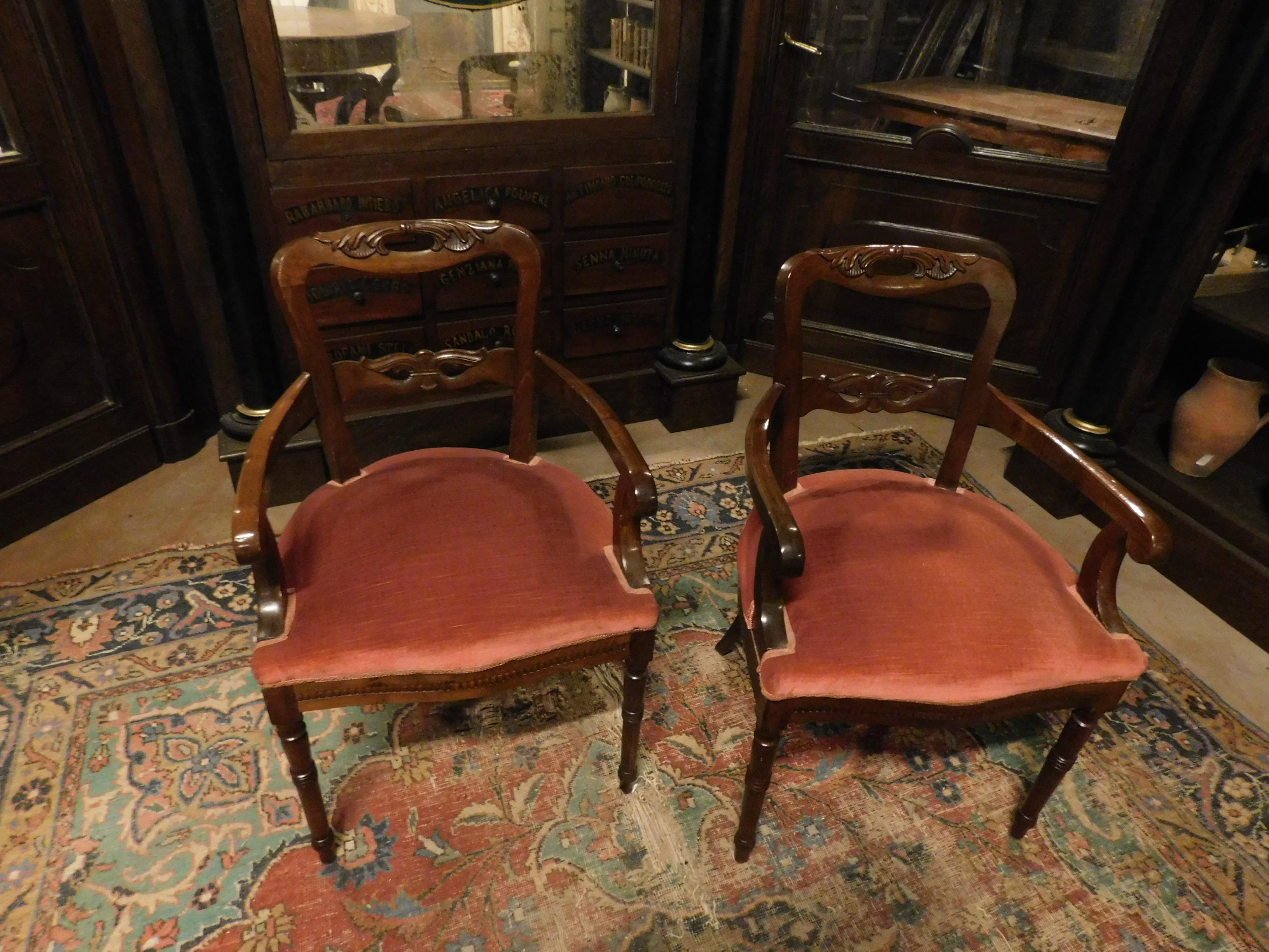 Pair of Armchairs, Seats in Walnut and Red Velvet, 19th Century Italy 2
