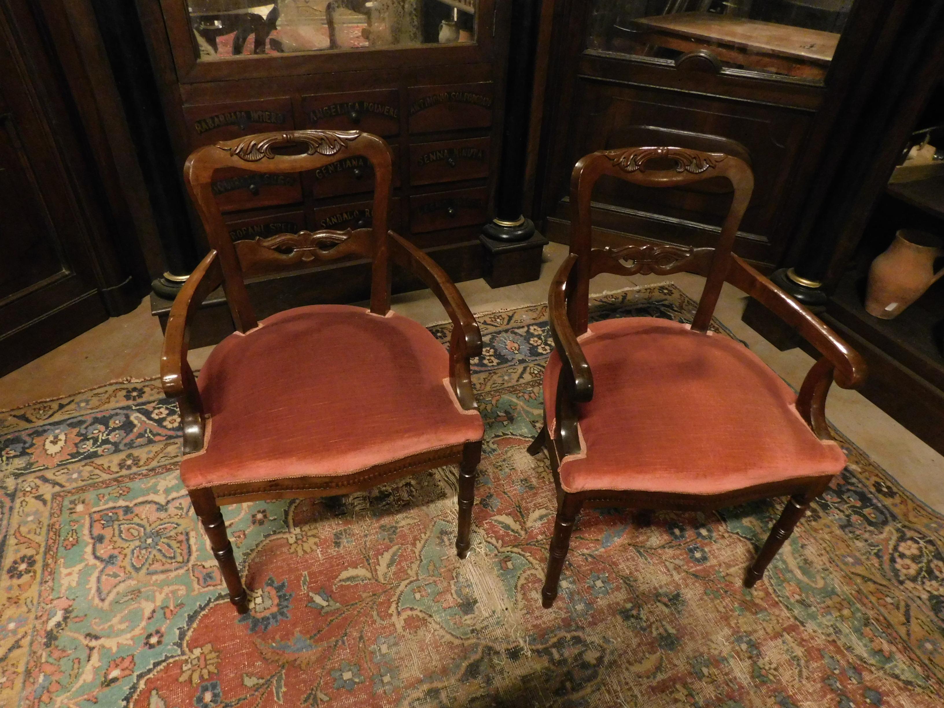 Pair of Armchairs, Seats in Walnut and Red Velvet, 19th Century Italy 3