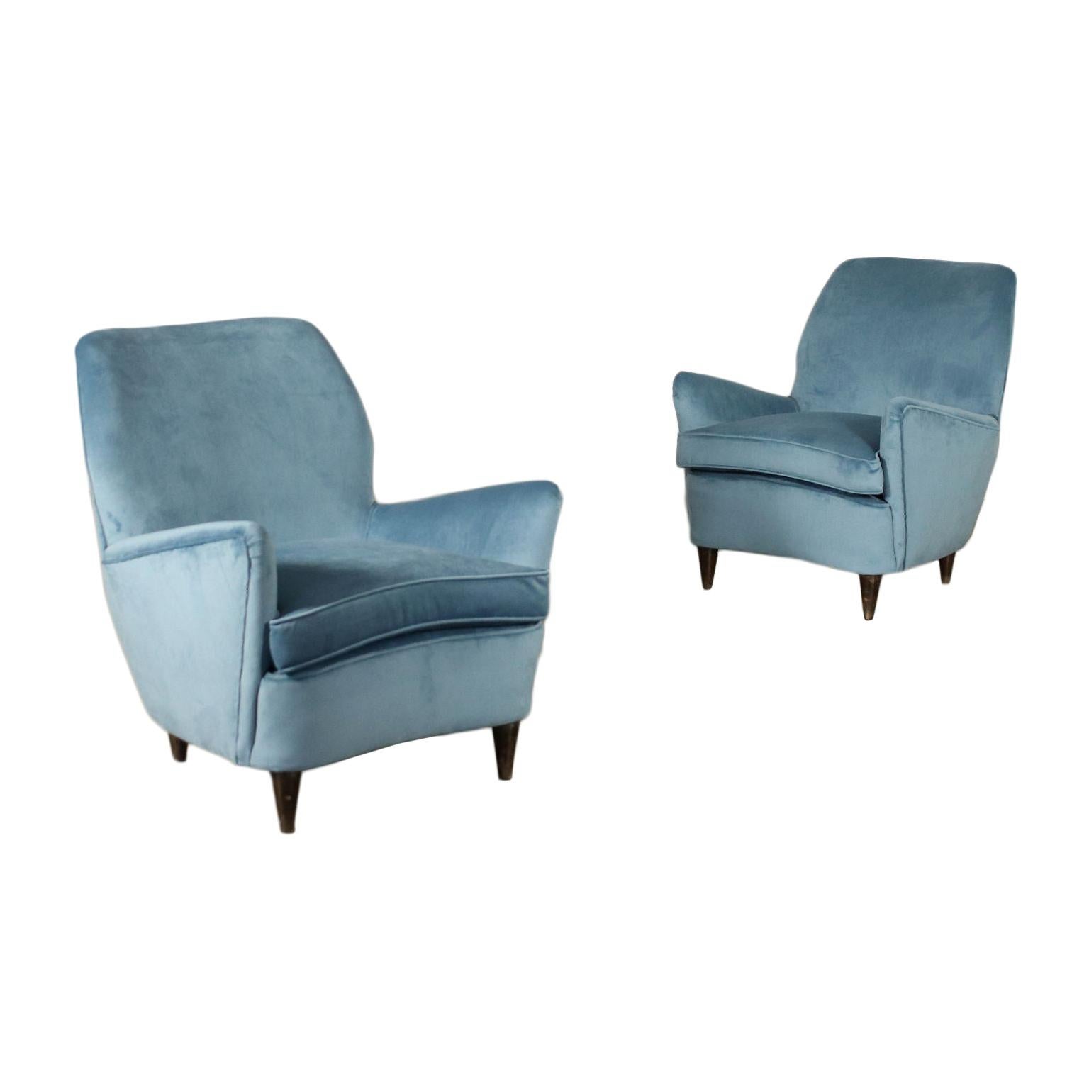 Pair of Armchairs Spring Foam Velvet Wood, Italy, 1950s