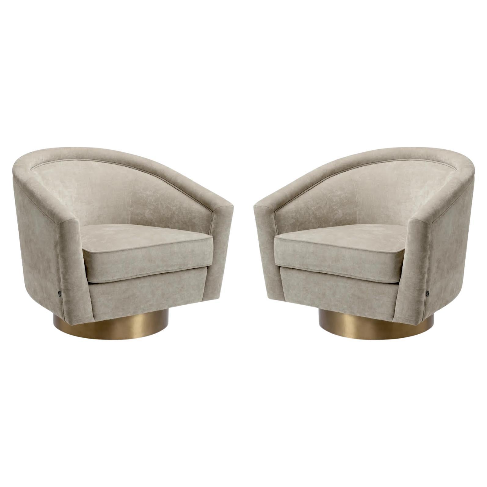 Pair of Armchairs, Swivel Base with Matt Gold Finish.