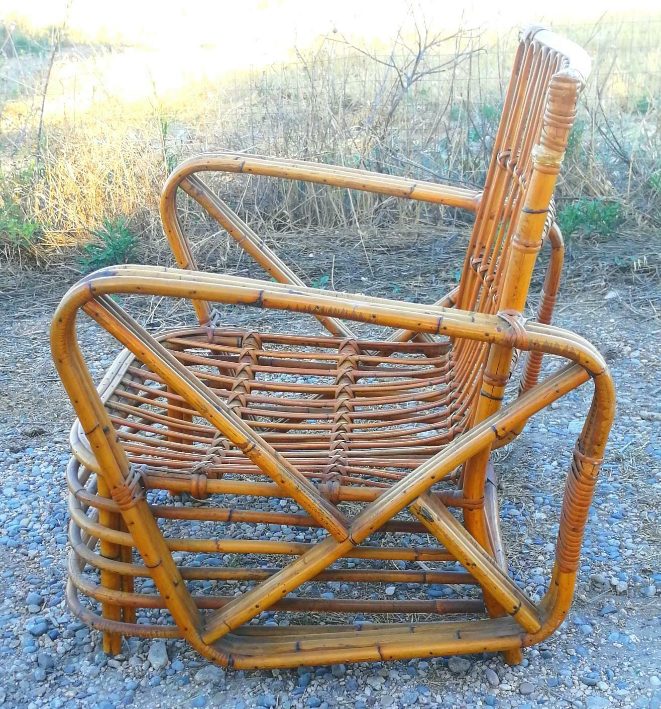 Paire de fauteuils + table en rotin et bambou design Paul Frankl, années 1940 Bon état - En vente à taranto, IT