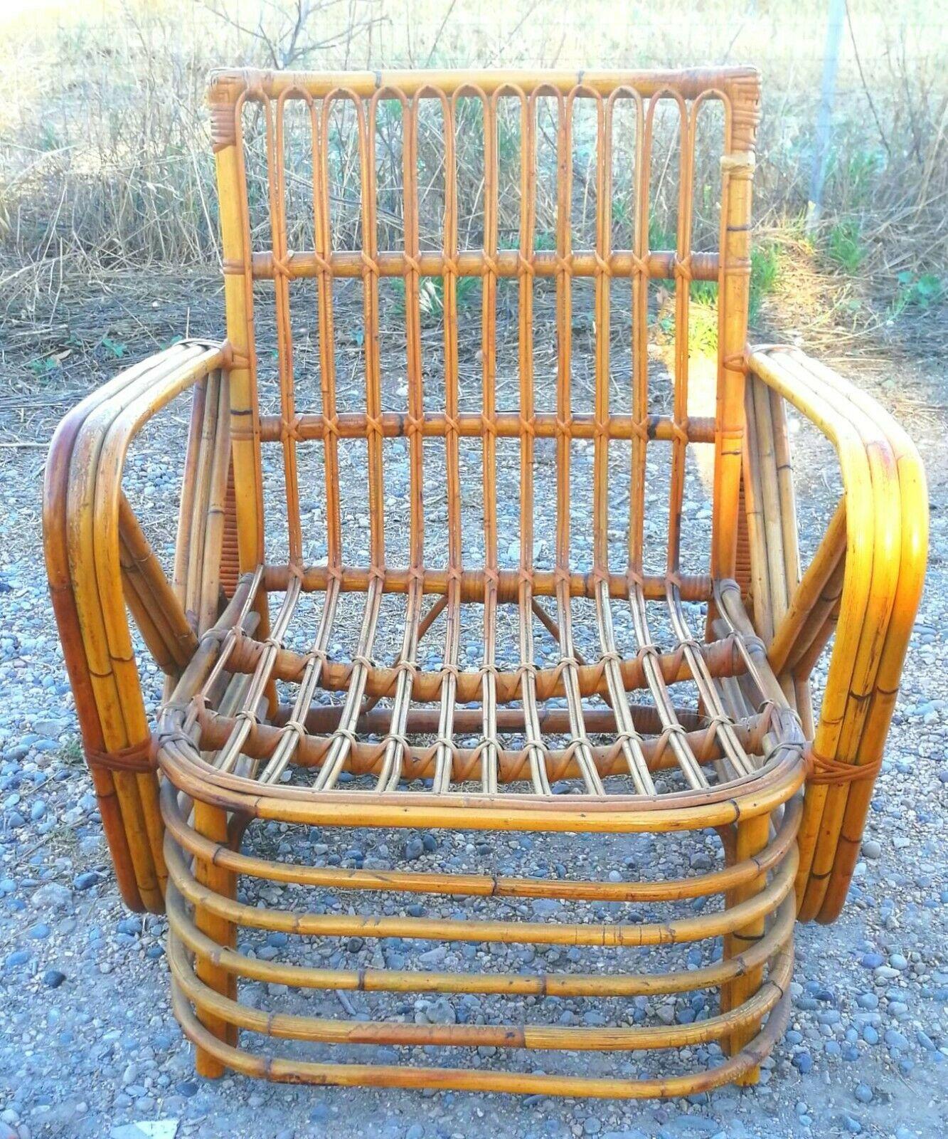 Milieu du XXe siècle Paire de fauteuils + table en rotin et bambou design Paul Frankl, années 1940 en vente