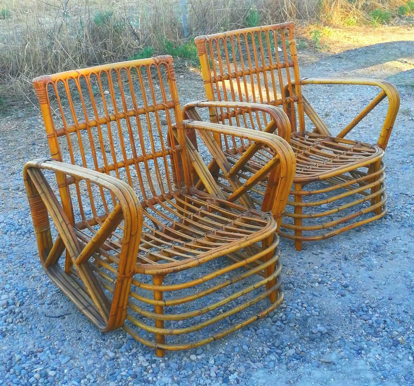 Pair of Armchairs + Table in Rattan Bamboo Design Paul Frankl, 1940s In Good Condition For Sale In taranto, IT