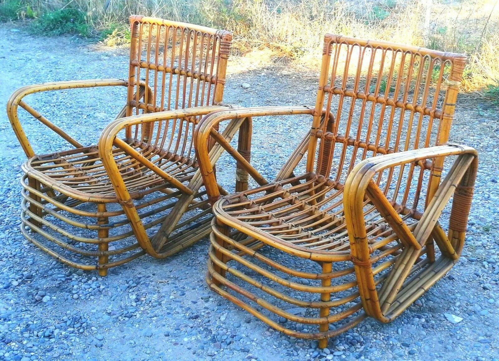 Paire de fauteuils + table en rotin et bambou design Paul Frankl, années 1940 en vente 2