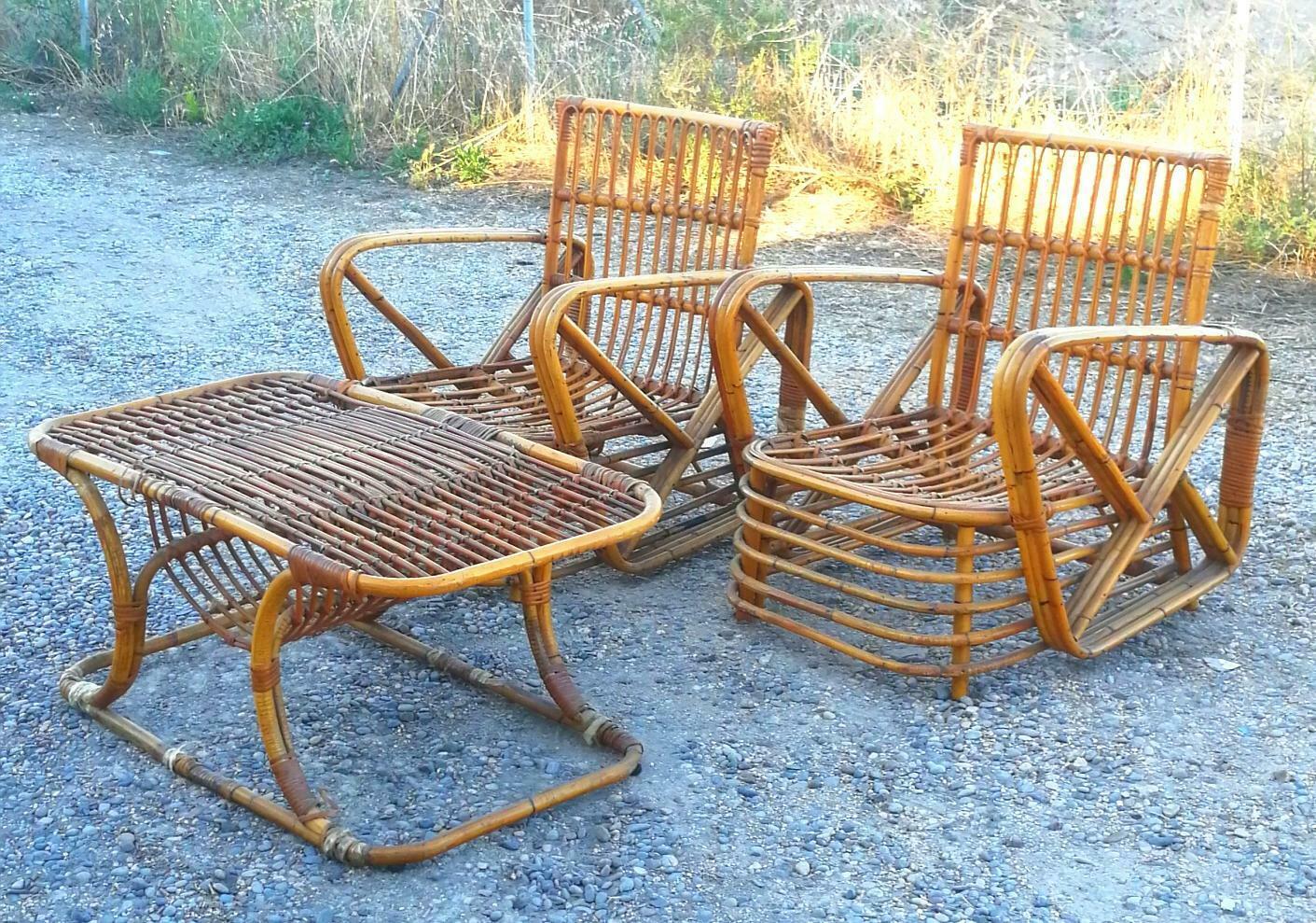 Pair of Armchairs + Table in Rattan Bamboo Design Paul Frankl, 1940s For Sale 1