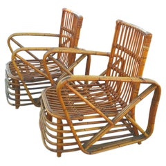 Pair of Armchairs + Table in Rattan Bamboo Design Paul Frankl, 1940s